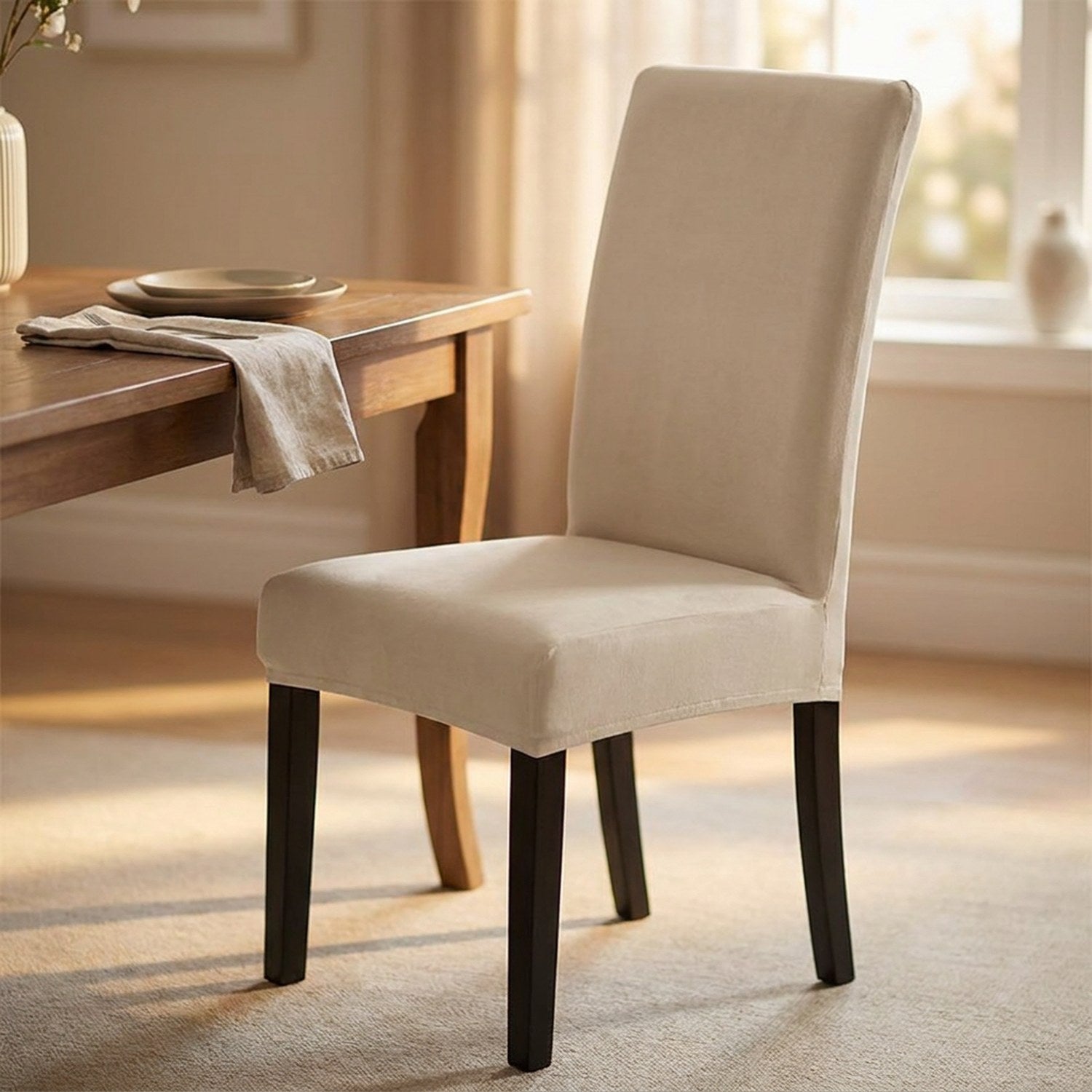 Chaise de salle à manger avec housse beige tirée près d'une table en bois