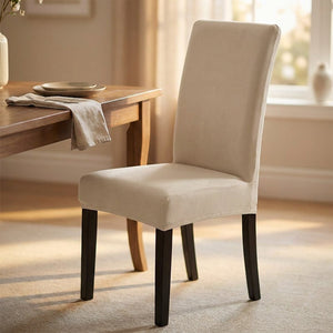 Chaise de salle à manger avec housse beige tirée près d'une table en bois