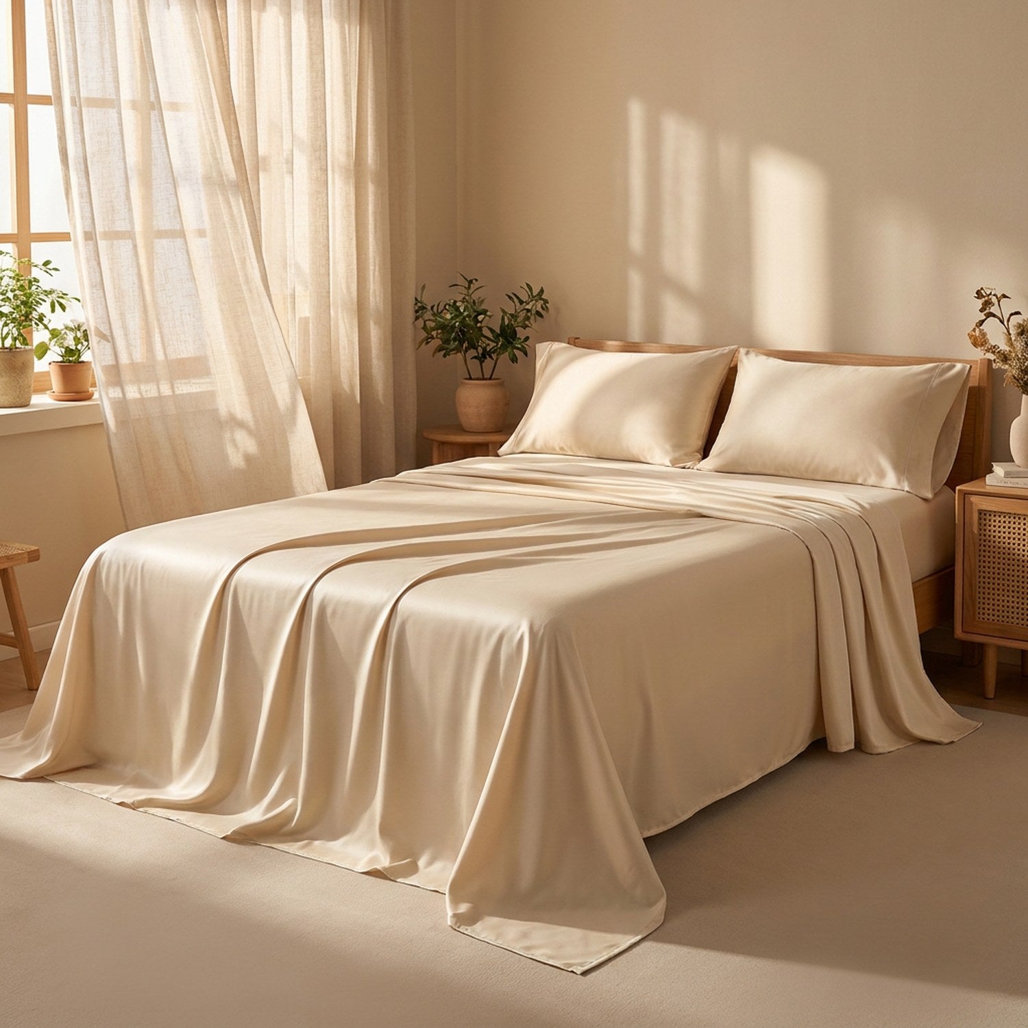 Drap plat coton égyptien beige vu depuis le pied du lit avec rideaux en lin
