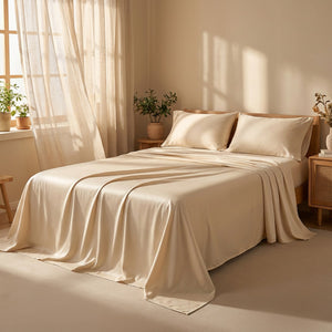 Drap plat coton égyptien beige vu depuis le pied du lit avec rideaux en lin