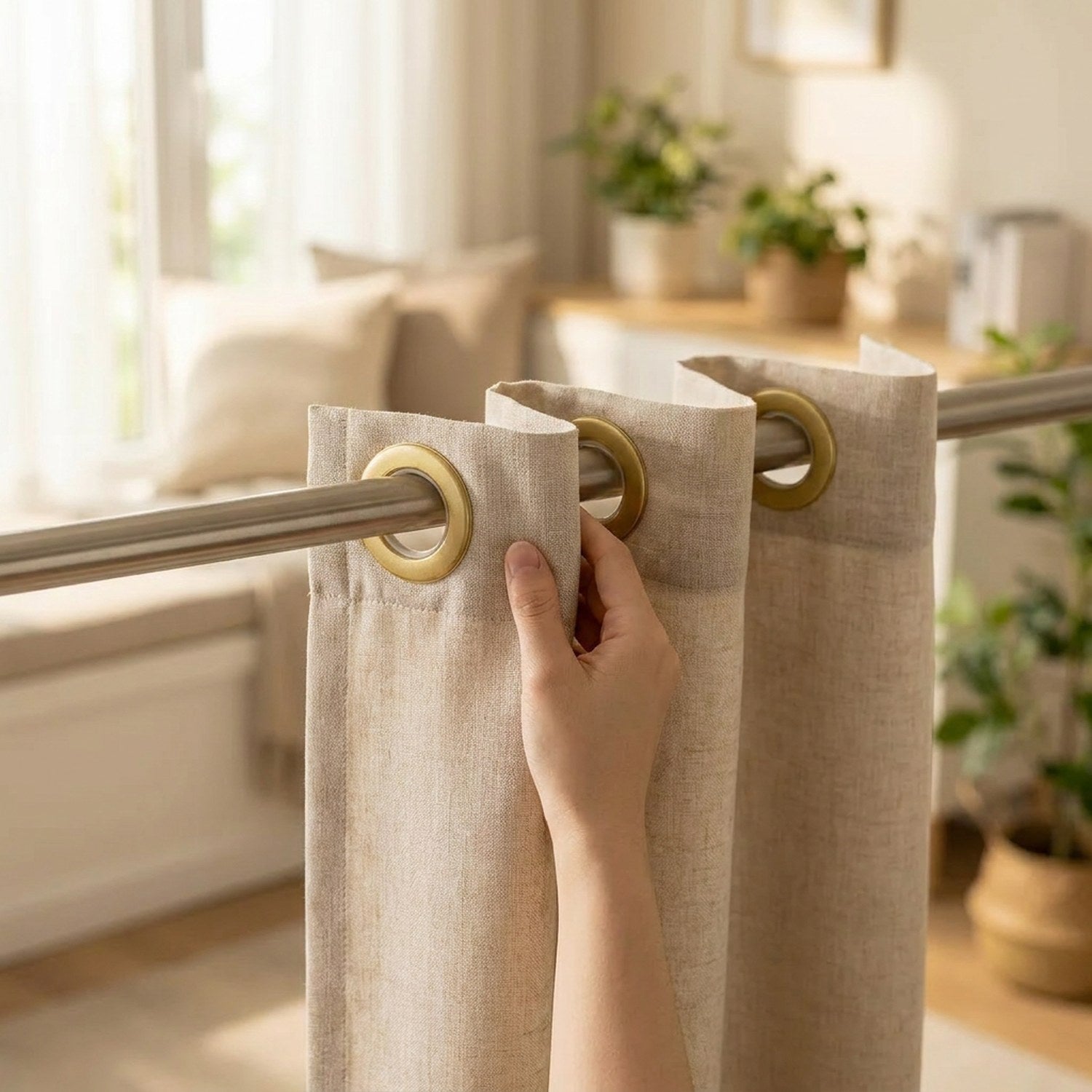 Main faisant glisser un rideau à œillets le long de sa tringle