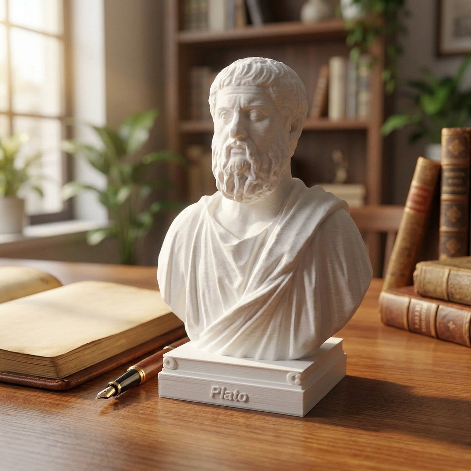 Buste de Platon sur bureau en bois avec carnet ouvert et stylo