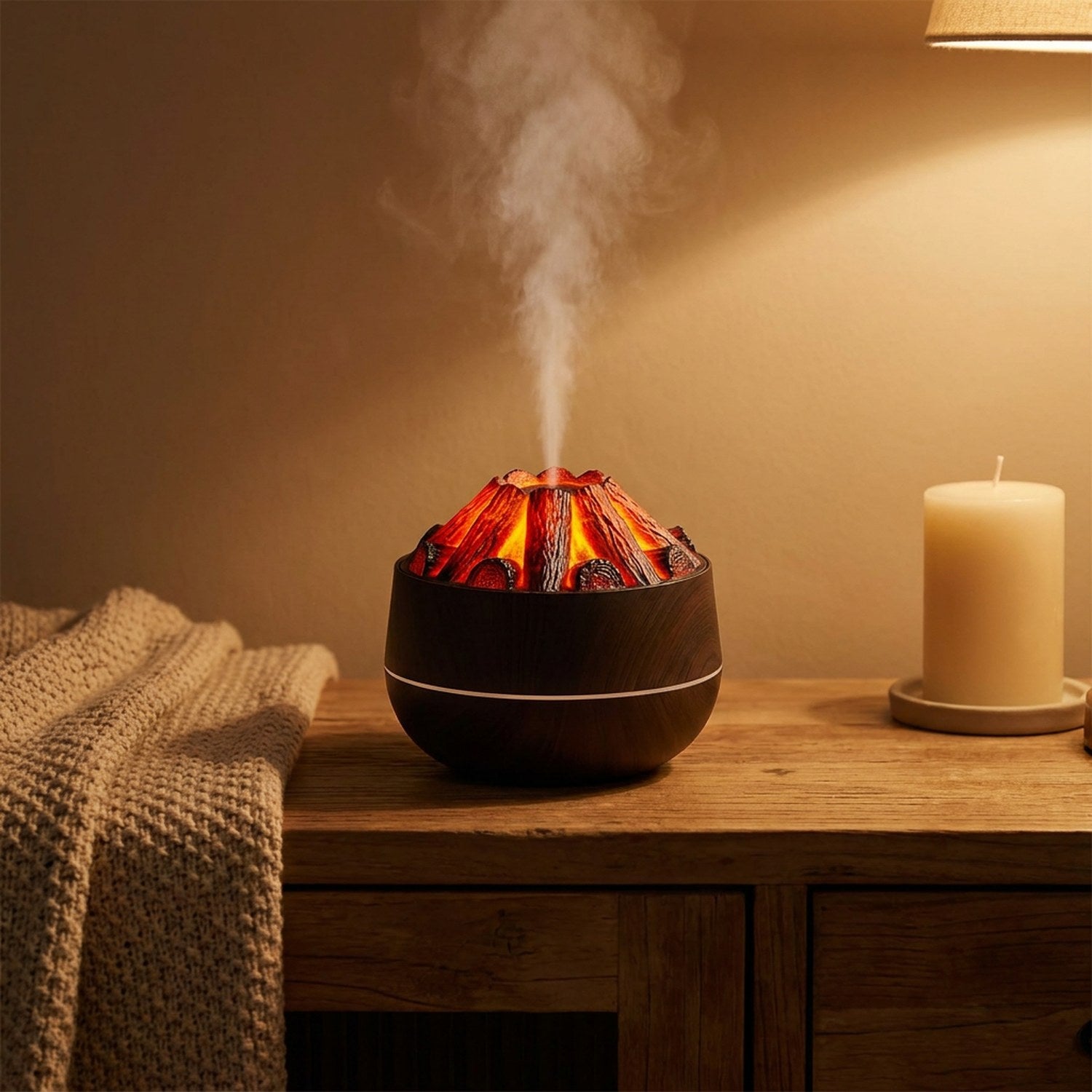 Humidificateur volcan posé sur un buffet avec un plaid et une bougie