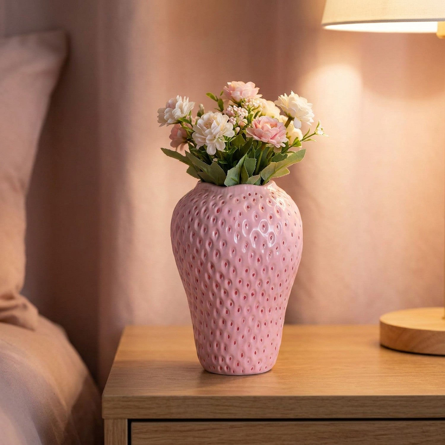 Vase rose en forme de fraise sur une table de chevet avec une lampe à la lumière douce