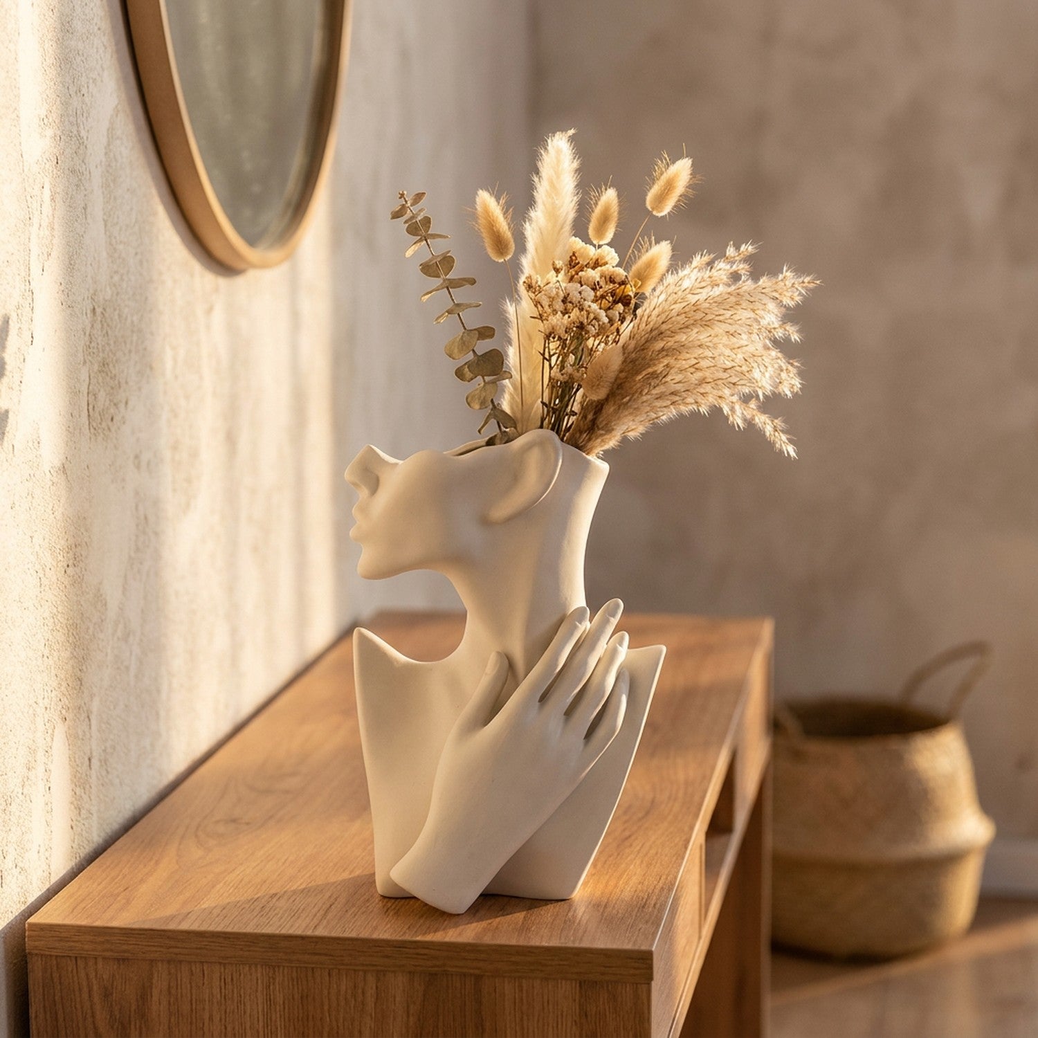 Vase visage en céramique blanche sur une console d'entrée avec un bouquet de fleurs séchées