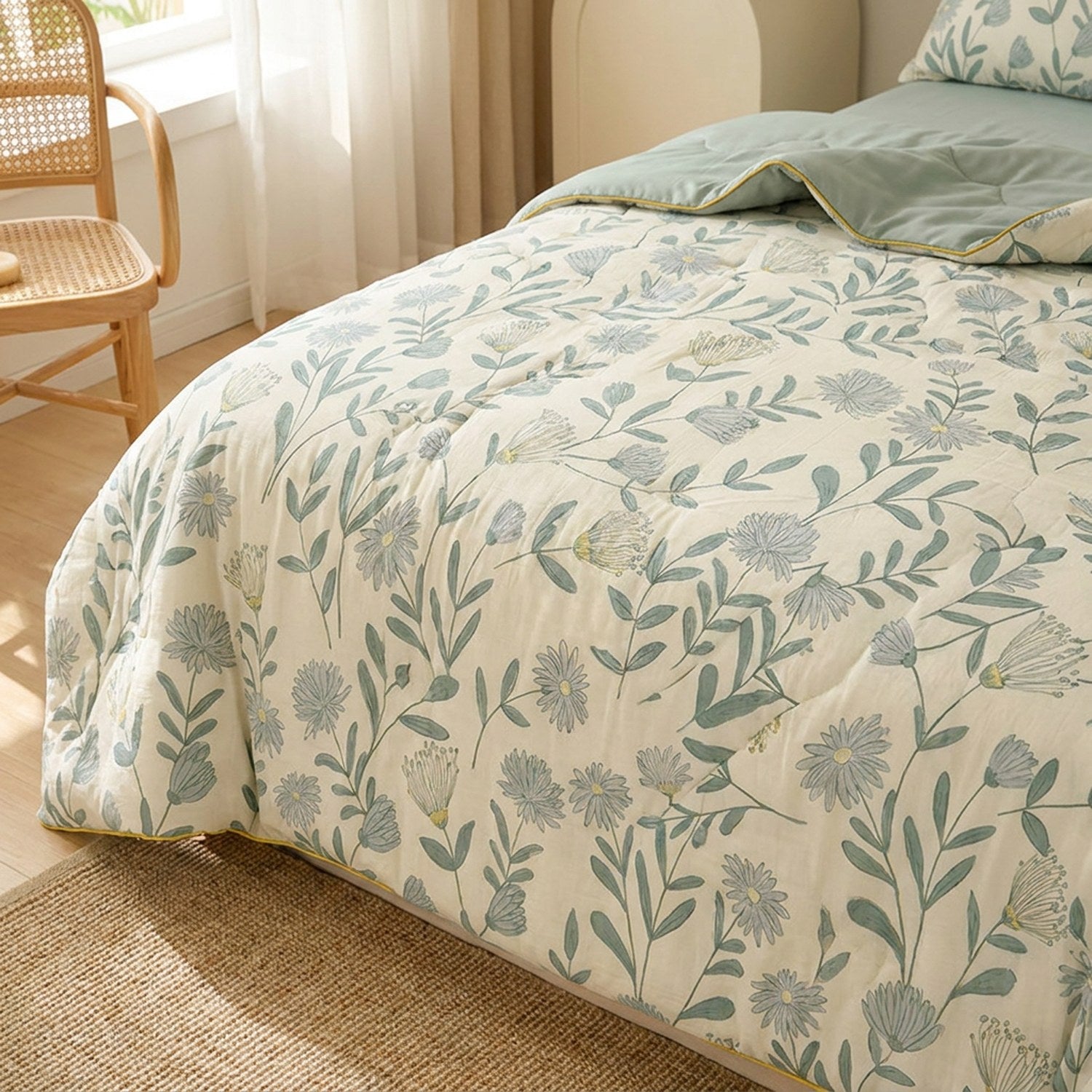 Couette d'été verte étalée sur un lit dans une chambre chaleureuse