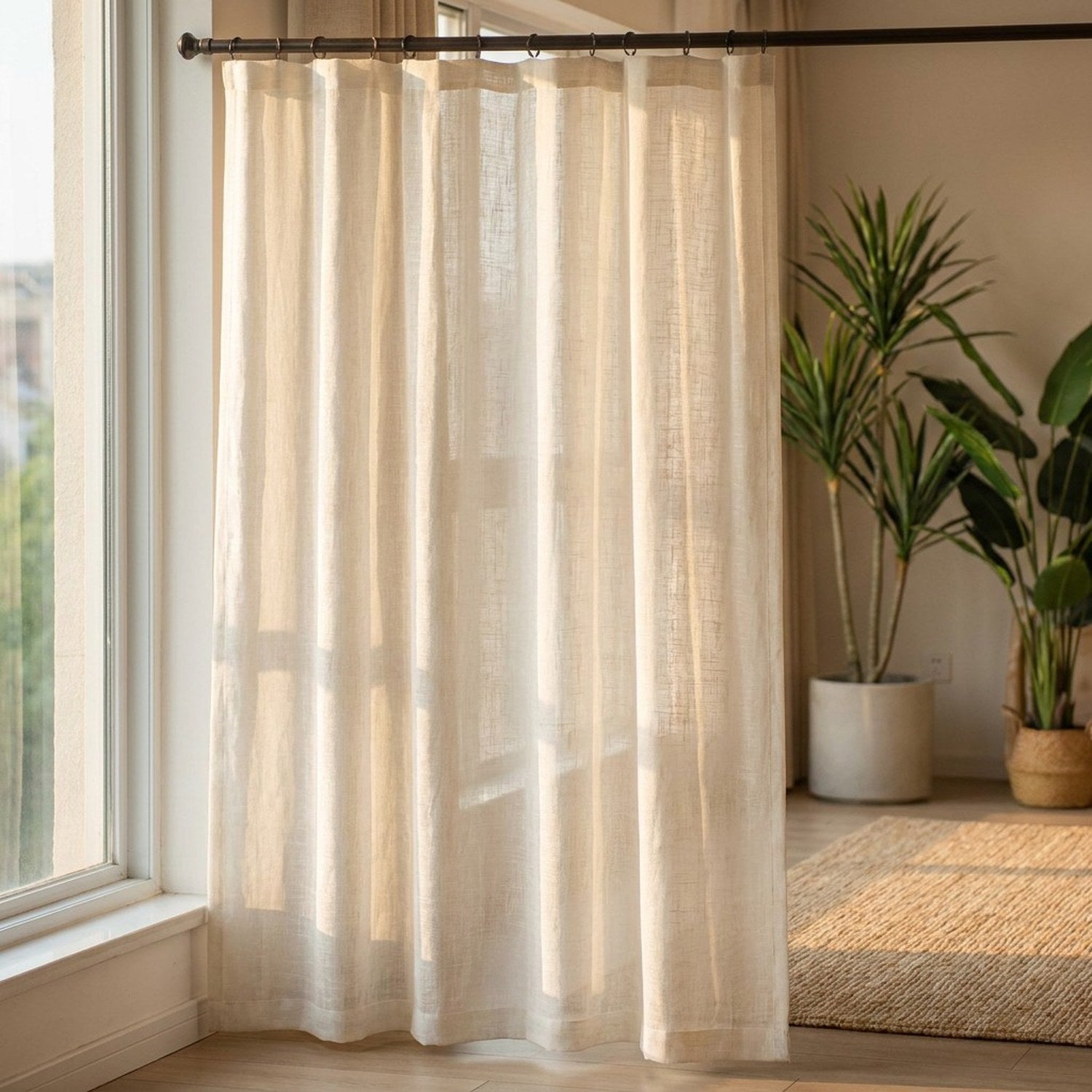 Rideau voilage en lin baigné de lumière dorée dans un salon avec plantes vertes