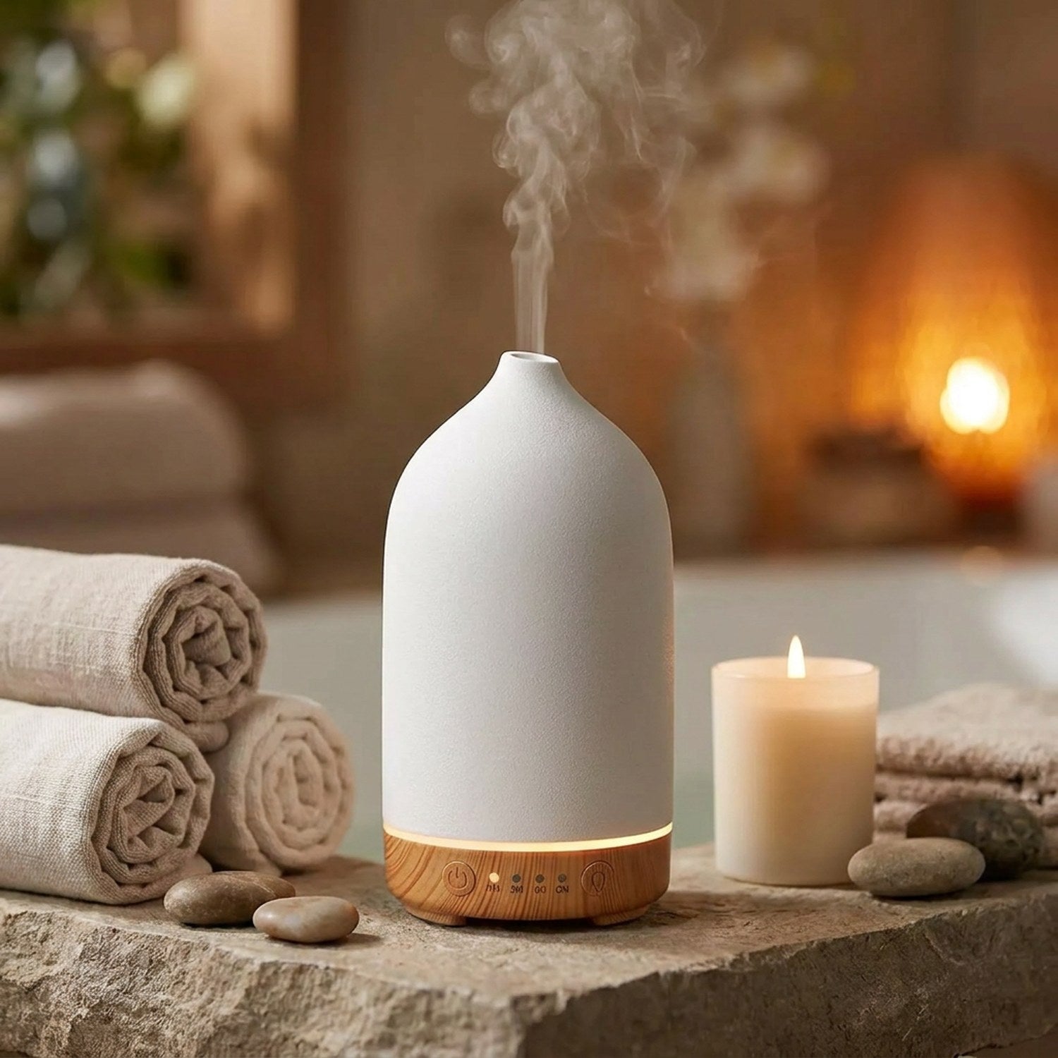 Diffuseur en céramique dans une ambiance spa avec serviettes et bougie