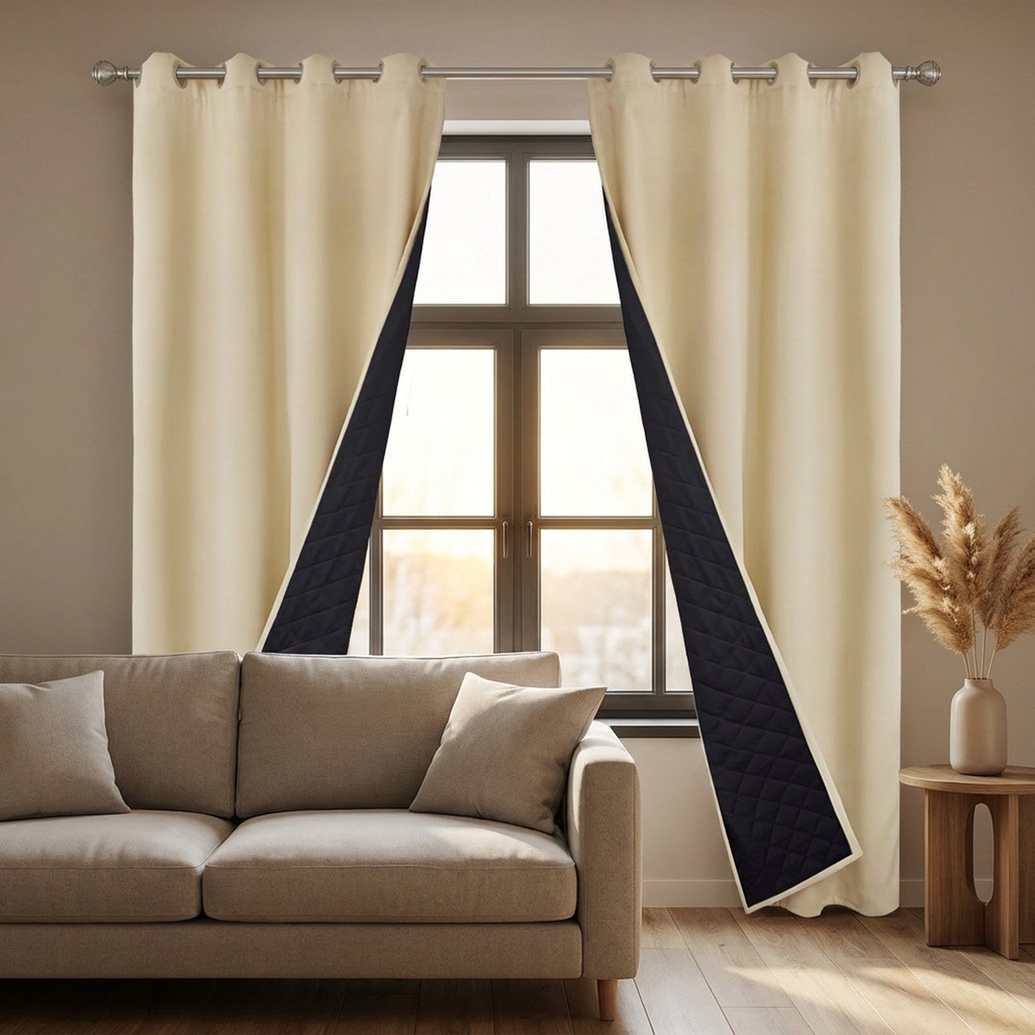 Paire de rideaux isolants beige encadrant une fenêtre dans un salon lumineux
