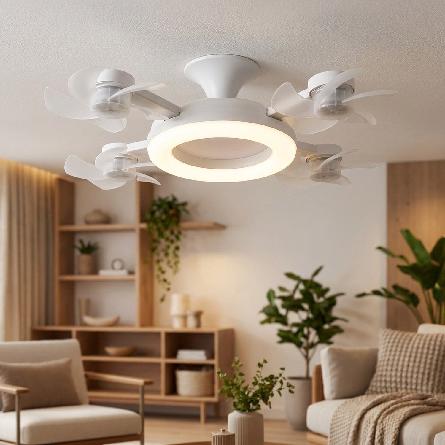 Gros plan sur l'anneau LED allumé et les hélices blanches du ventilateur