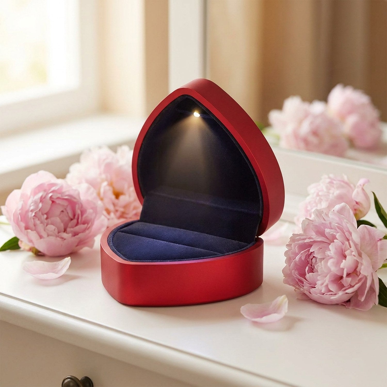 Boîte à bijoux rouge ouverte sur une coiffeuse avec des pivoines roses