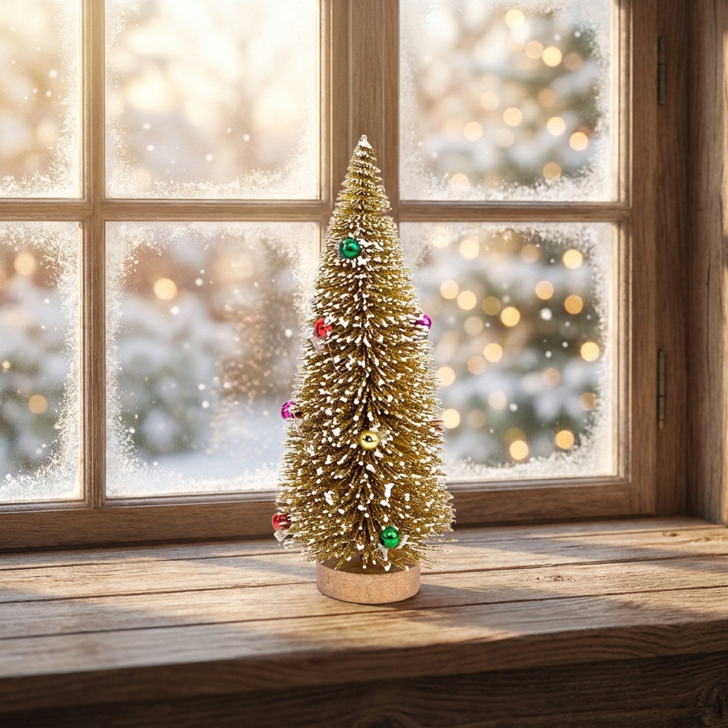 Sapin de Noël miniature doré posé sur un rebord de fenêtre enneigé en hiver