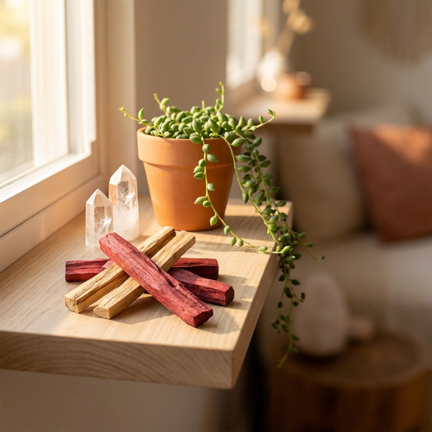 Bâtonnets de Palo Santo et de sang de dragon sur une étagère avec cristaux de quartz et plante