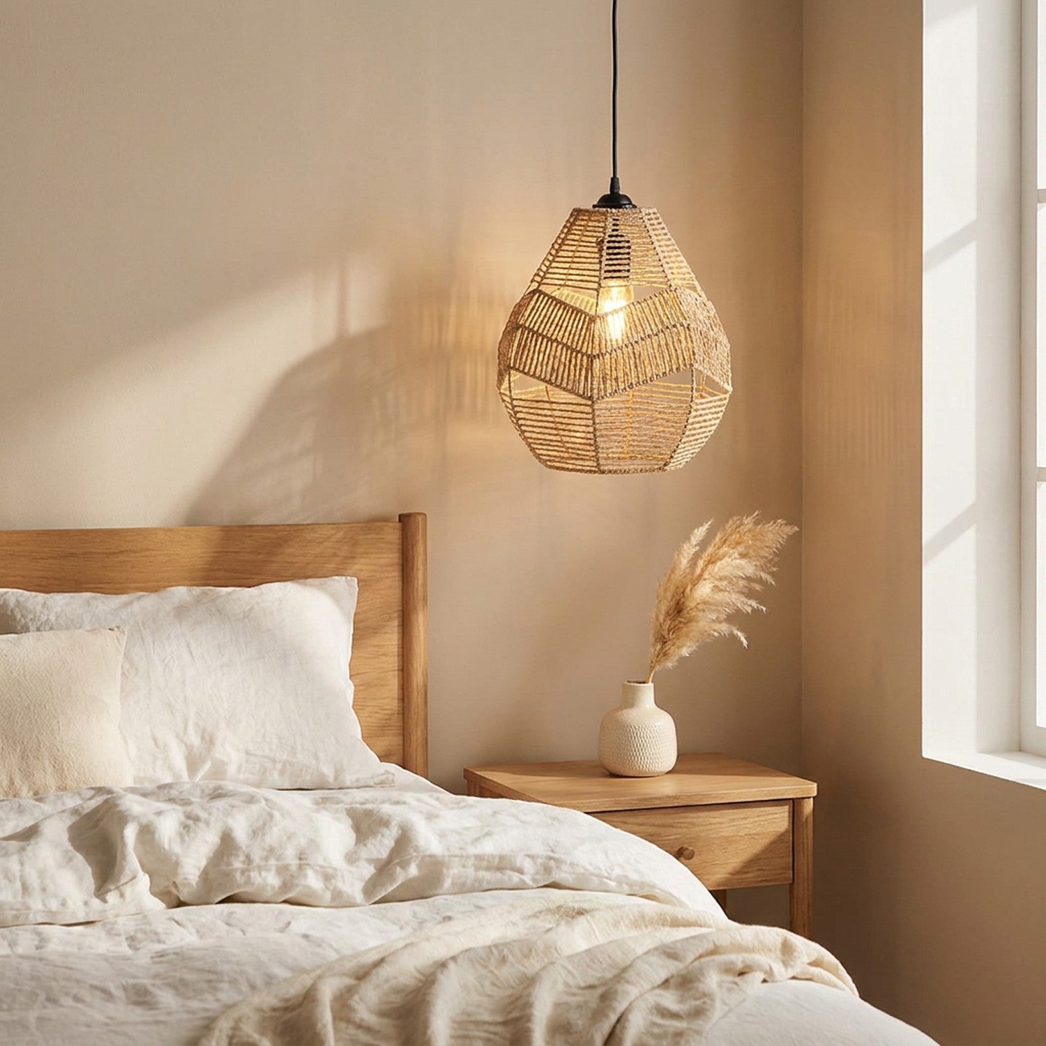 Abat-jour naturel bohème dans une chambre cosy