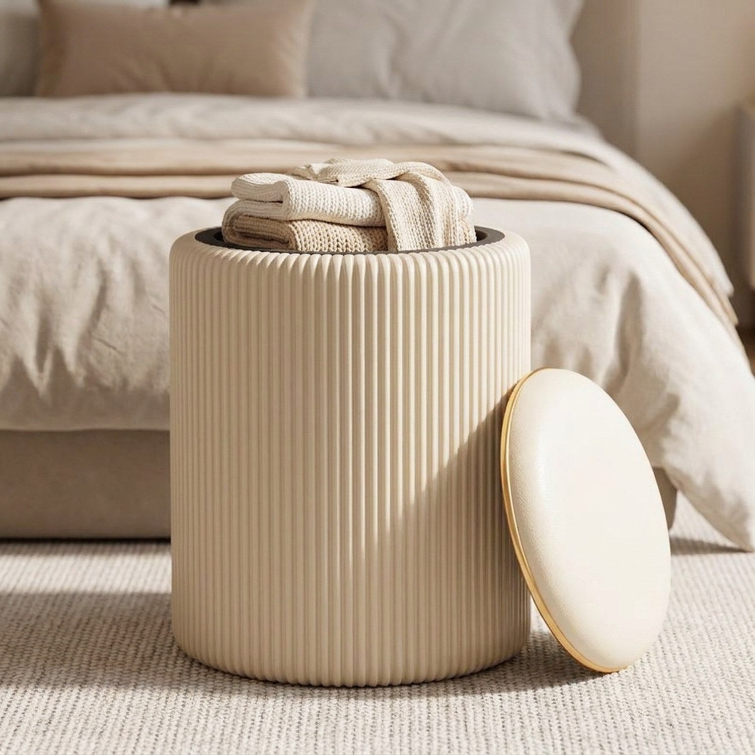 Tabouret de rangement beige ouvert au pied d'un lit révélant des plaids rangés