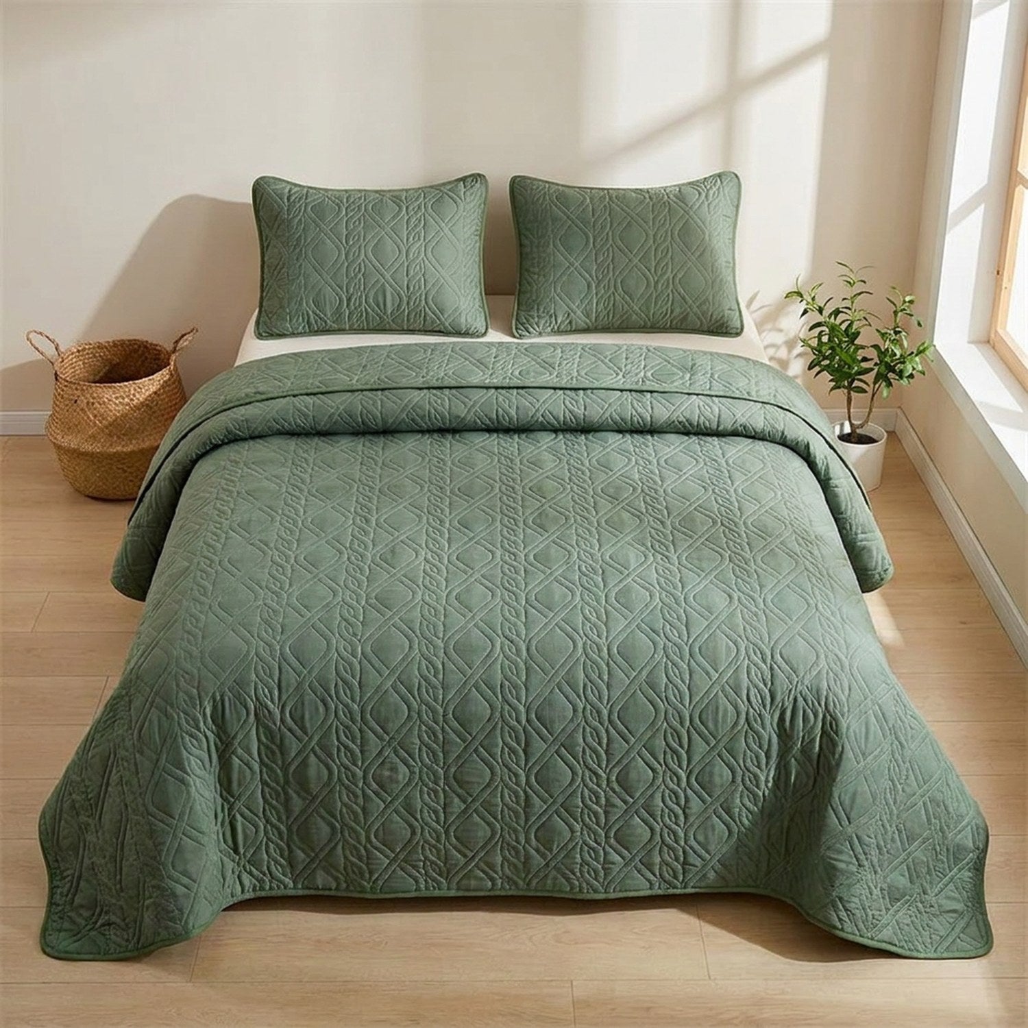 Couvre-lit matelassé vert posé à plat sur un lit dans une chambre scandinave épurée