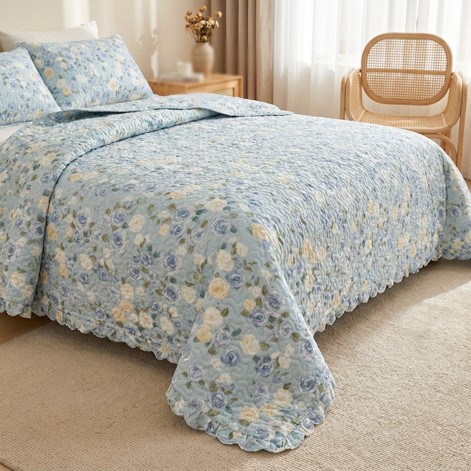 Couvre-lit floral bleu à volant sur un lit dans une chambre douce