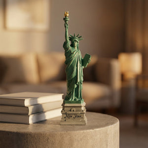 Statue de la Liberté verte sur une table d'appoint avec des livres