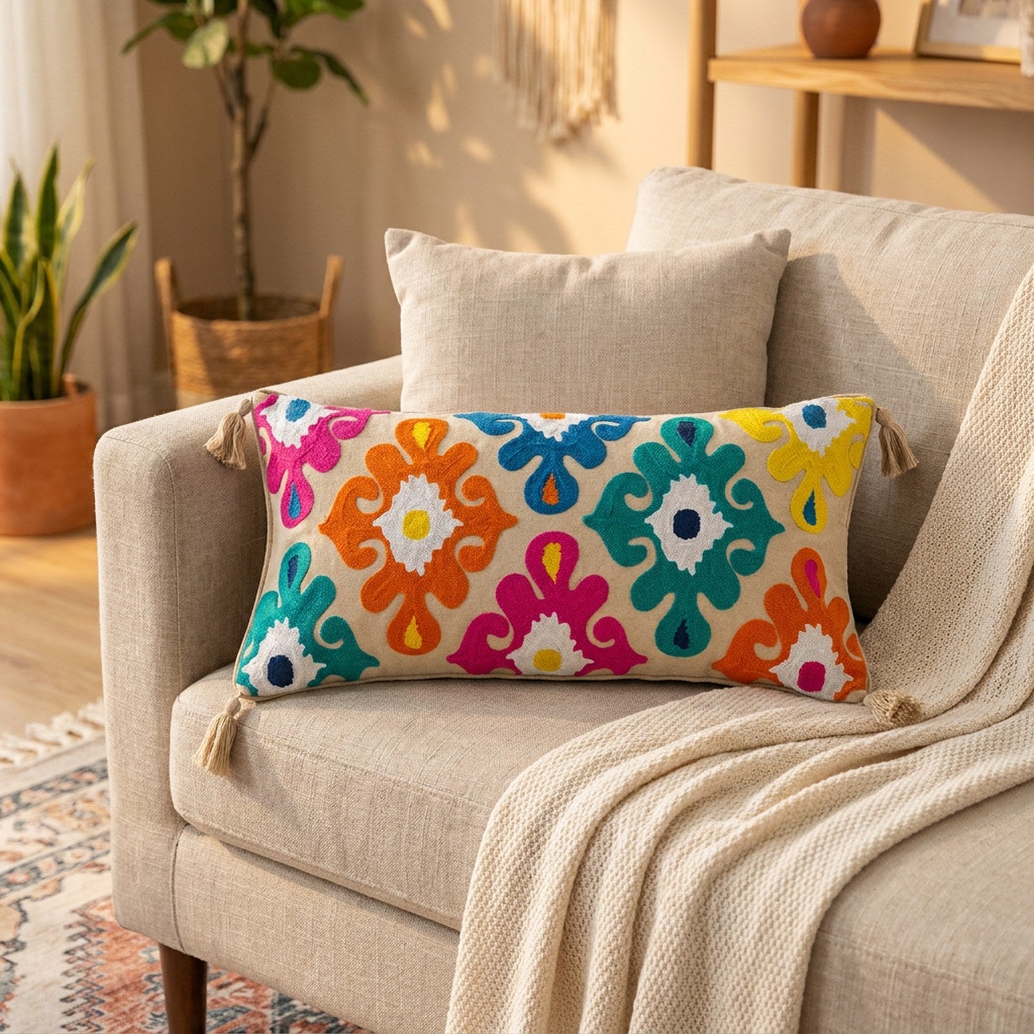 housse de coussin lombaire brodée motif floral coloré sur un canapé en lin