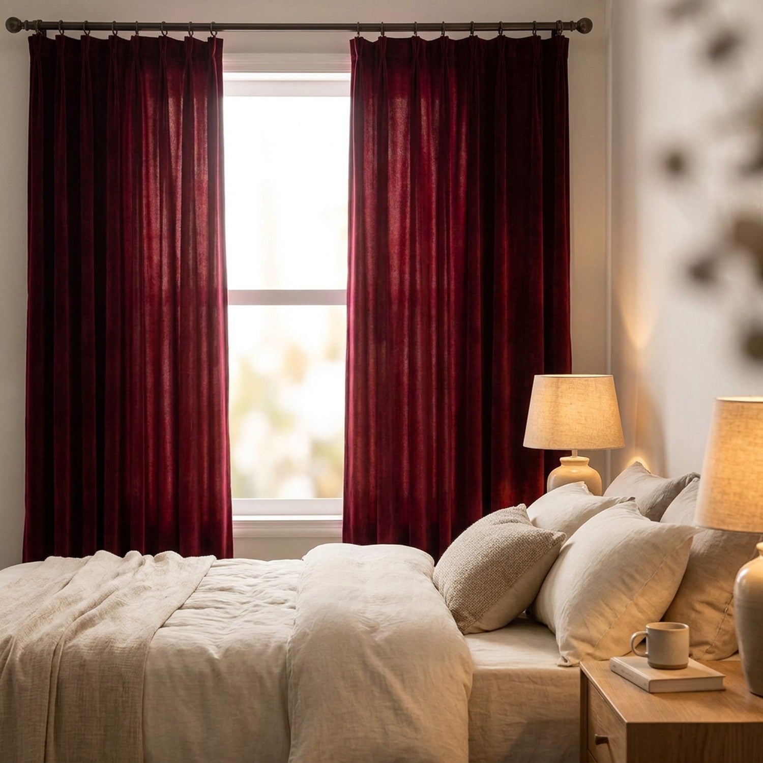 Rideaux en velours bordeaux dans une chambre cosy filtrant la lumière du matin