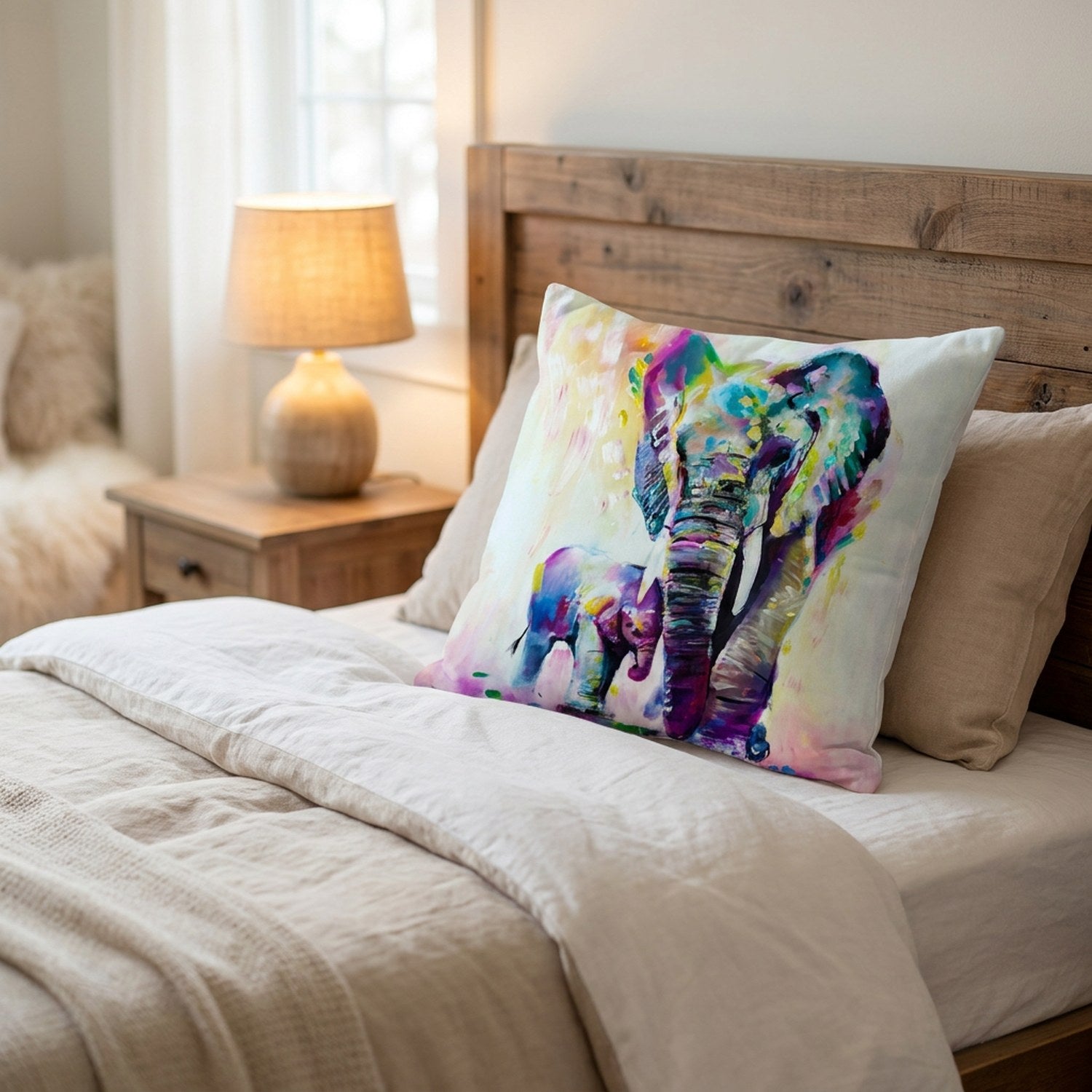 Coussin éléphant aquarelle posé sur un lit avec tête de lit en bois