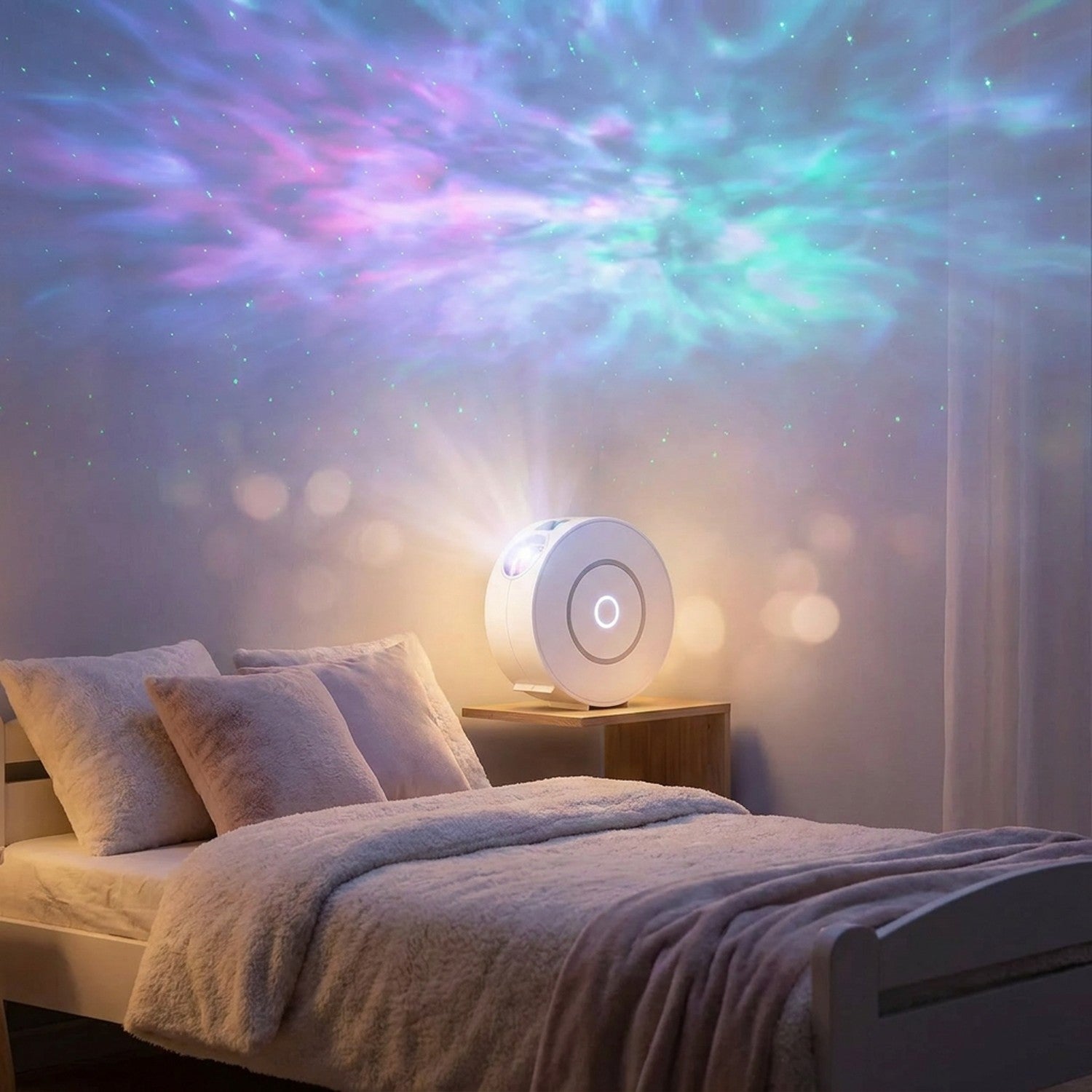Projecteur de ciel étoilé sur une étagère dans une chambre d'enfant baignée d'une galaxie pastel