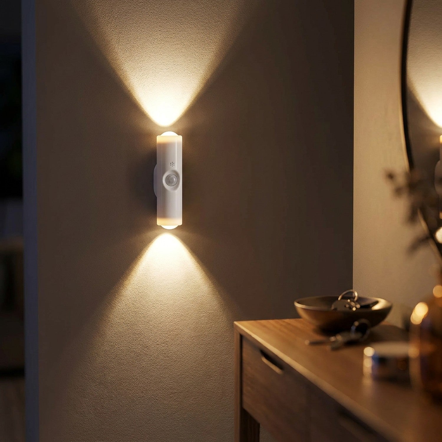 Applique murale LED allumée dans une entrée au dessus d une console en bois
