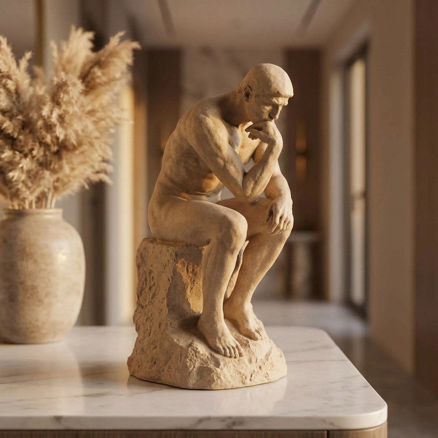 Statue Le Penseur de Rodin beige sur une console d'entrée en marbre