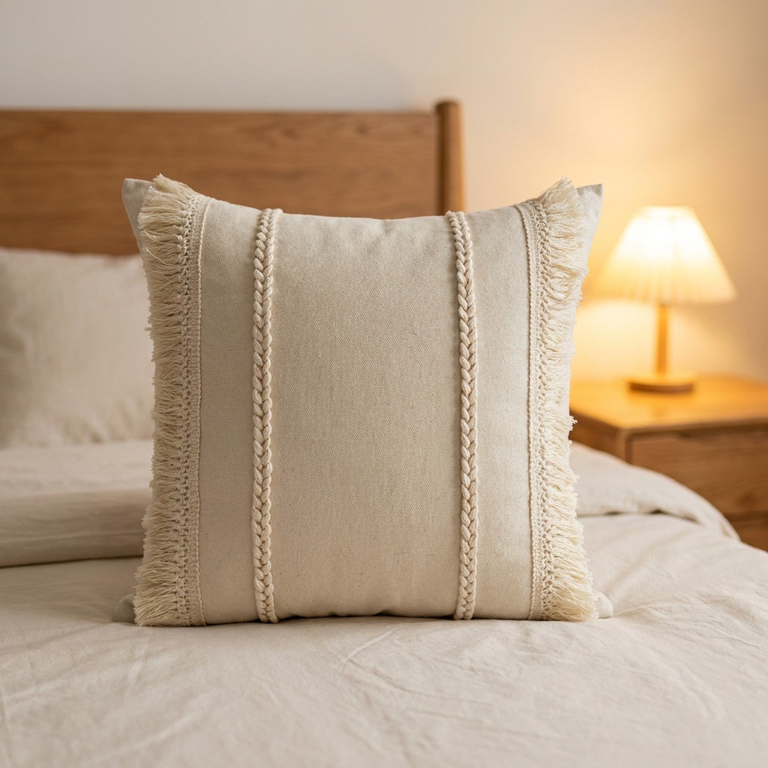 Coussin bohème beige à franges sur un lit fait contre une tête de lit en bois