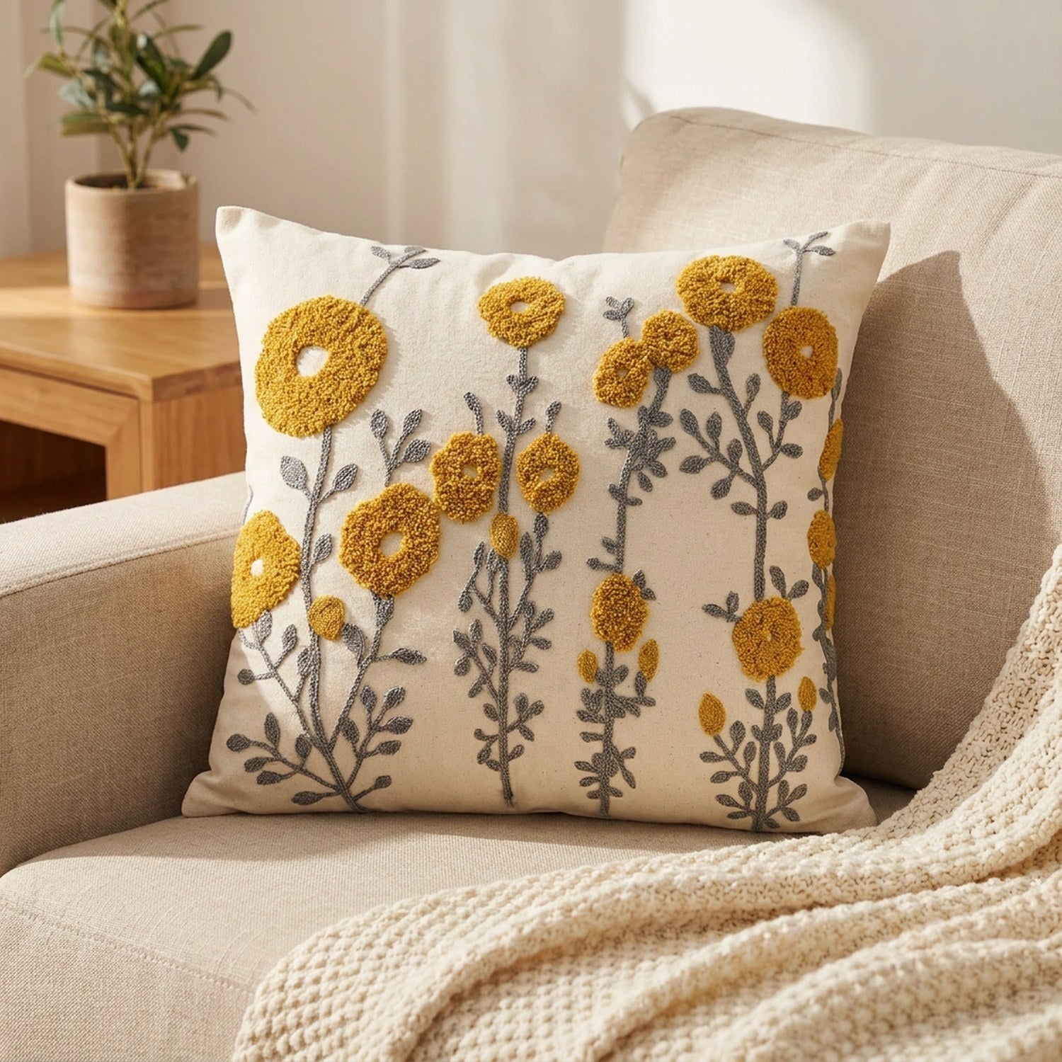 Coussin brodé bohème sur un canapé beige avec un plaid