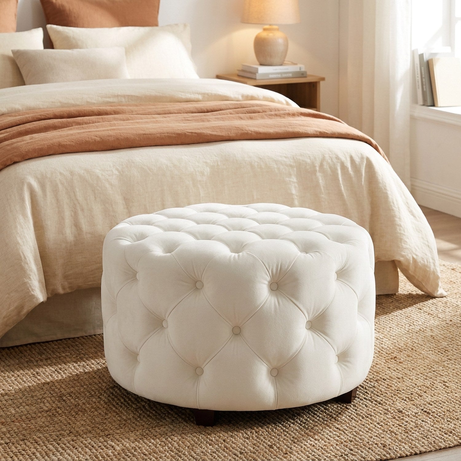 Tabouret pouf blanc en velours posé au pied d'un lit dans une chambre chaleureuse