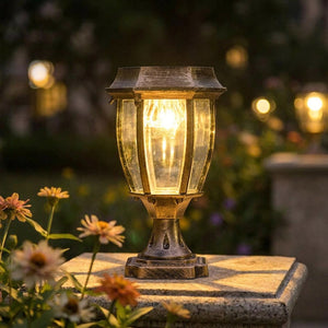 Gros plan de la lanterne solaire bronze diffusant une lumière chaude près de fleurs de jardin