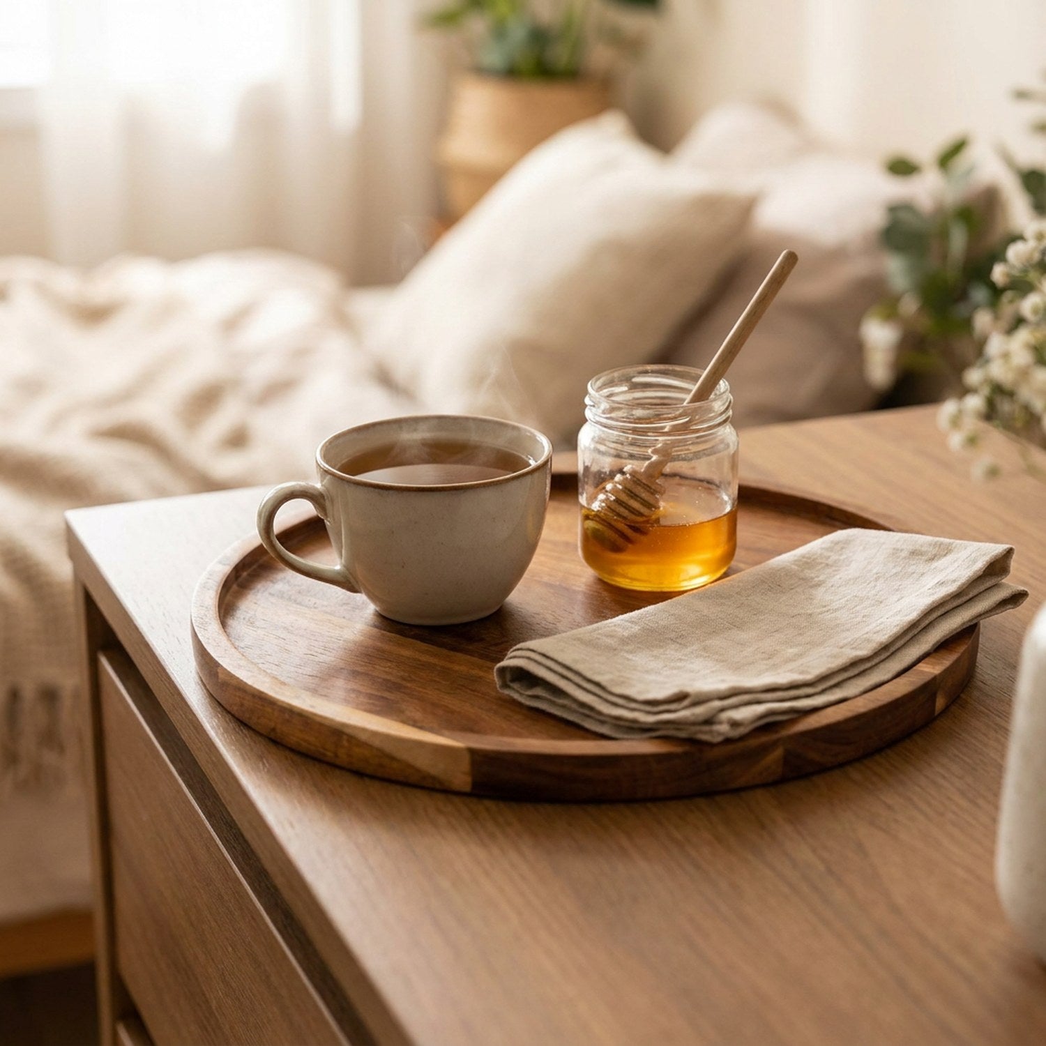 Plateau rond en bois d'acacia avec une tasse de thé sur une commode de chambre