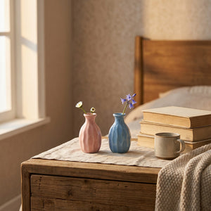 Mini vases rose et bleu sur une table de chevet à la lumière dorée
