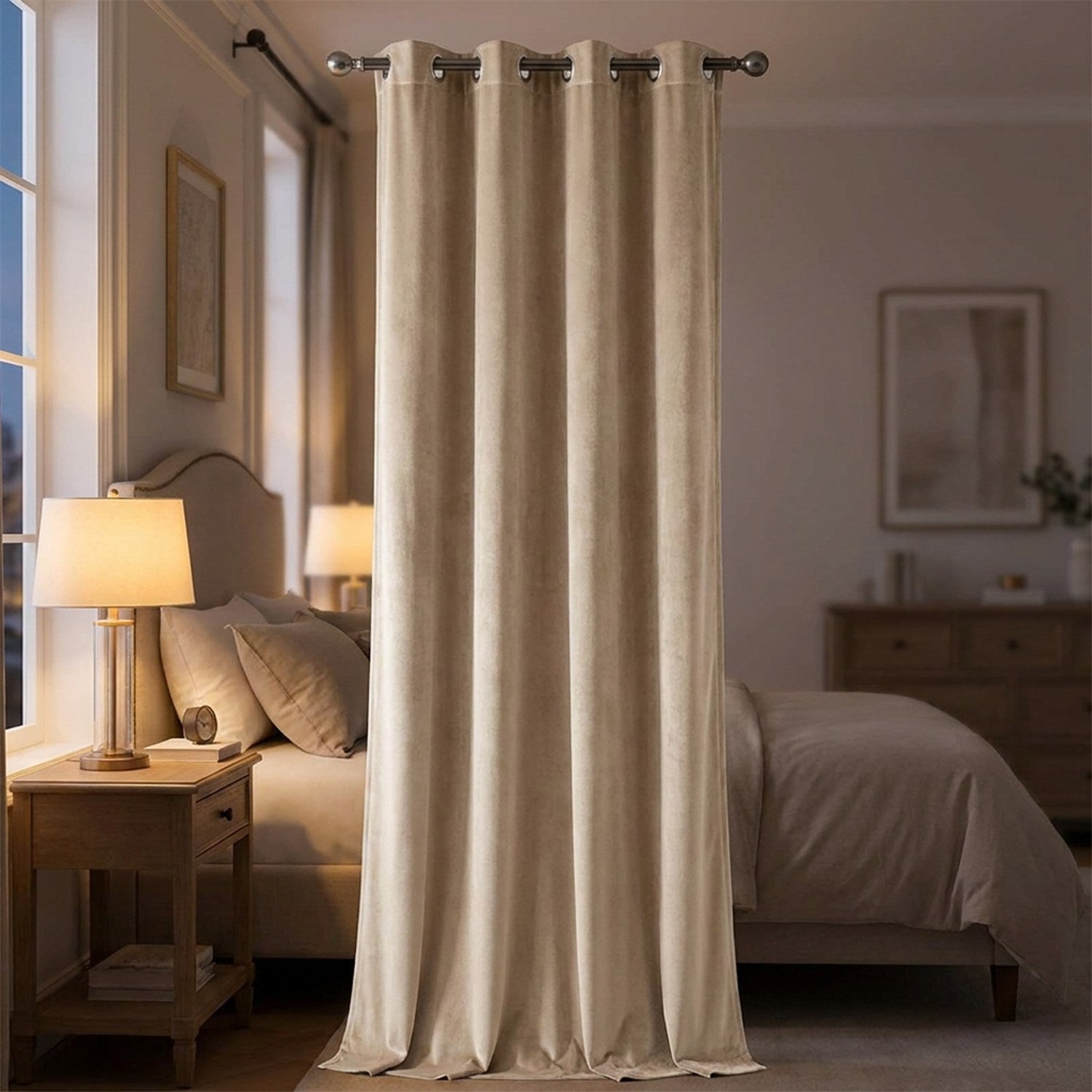 Rideau en velours beige dans une chambre chaleureuse en soirée