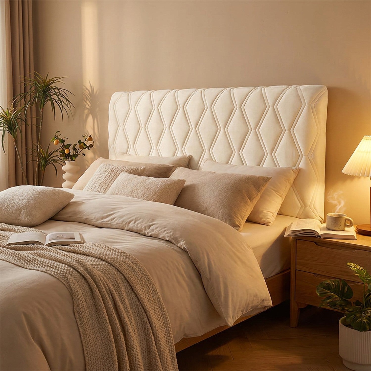 Housse de protection tête de lit en velours dans une chambre cosy en fin de journée
