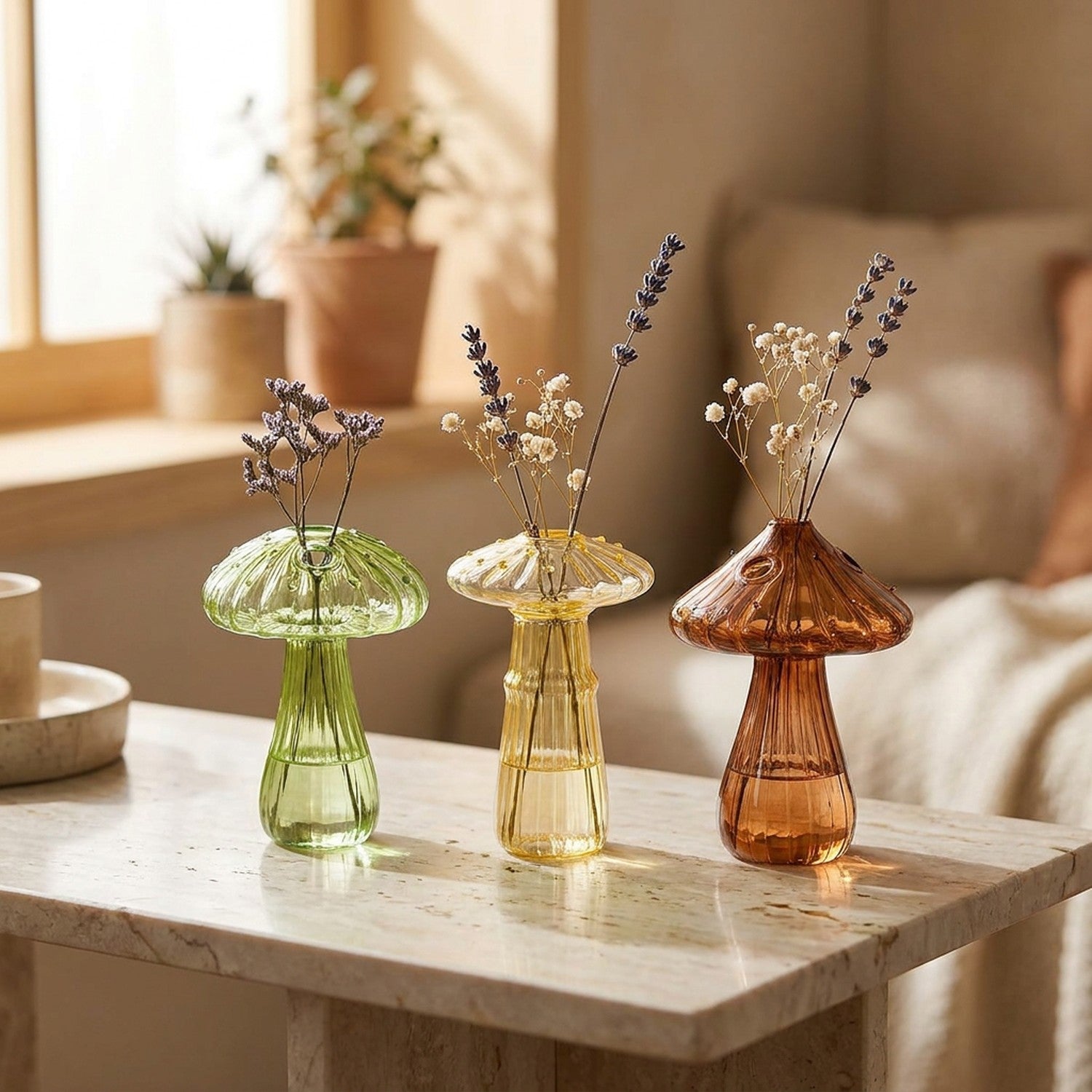 Trois vases champignon en verre vert jaune et marron alignés sur une console en marbre