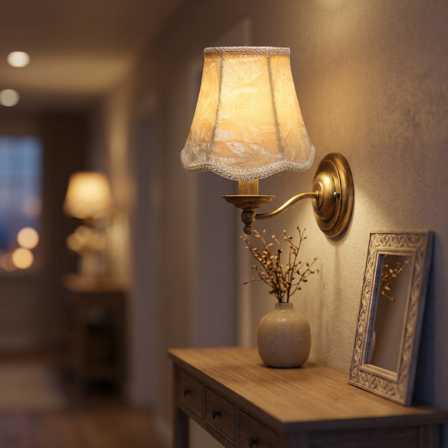 Abat-jour en velours sur une applique au-dessus d'une console d'entrée décorée