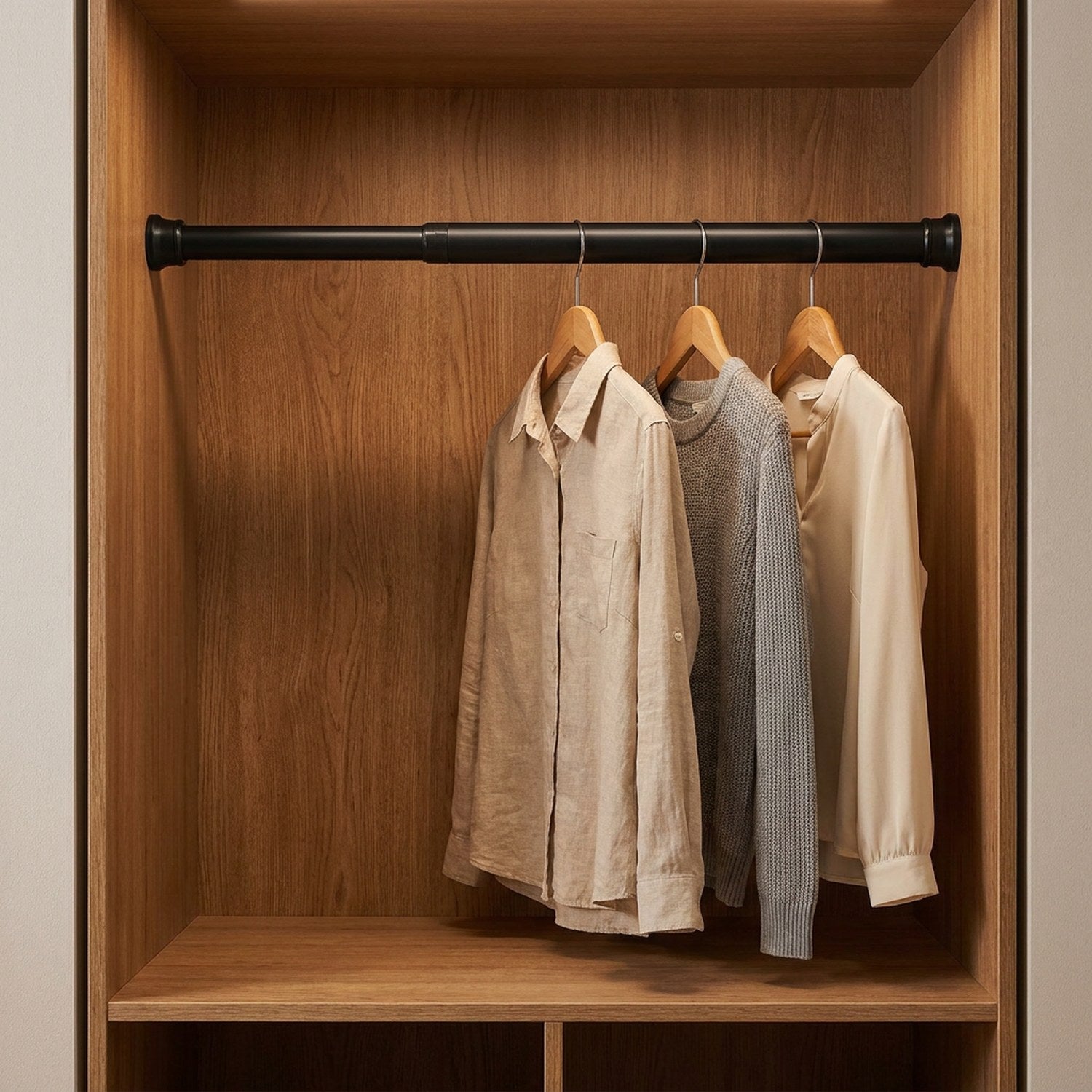 Tringle noire dans un dressing tenant des vêtements sur cintres en bois