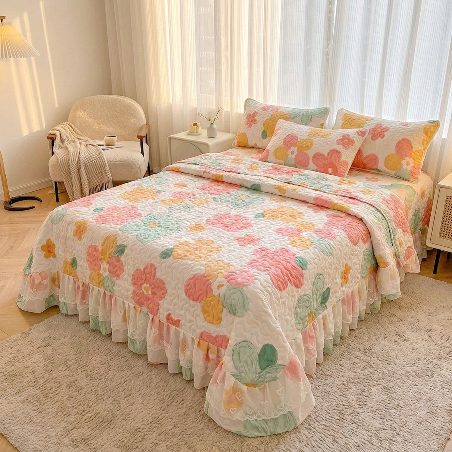 Couvre-lit matelassé fleuri sur un lit dans une chambre lumineuse avec tapis