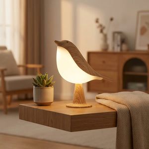 Lampe oiseau posée sur une étagère flottante dans un salon scandinave