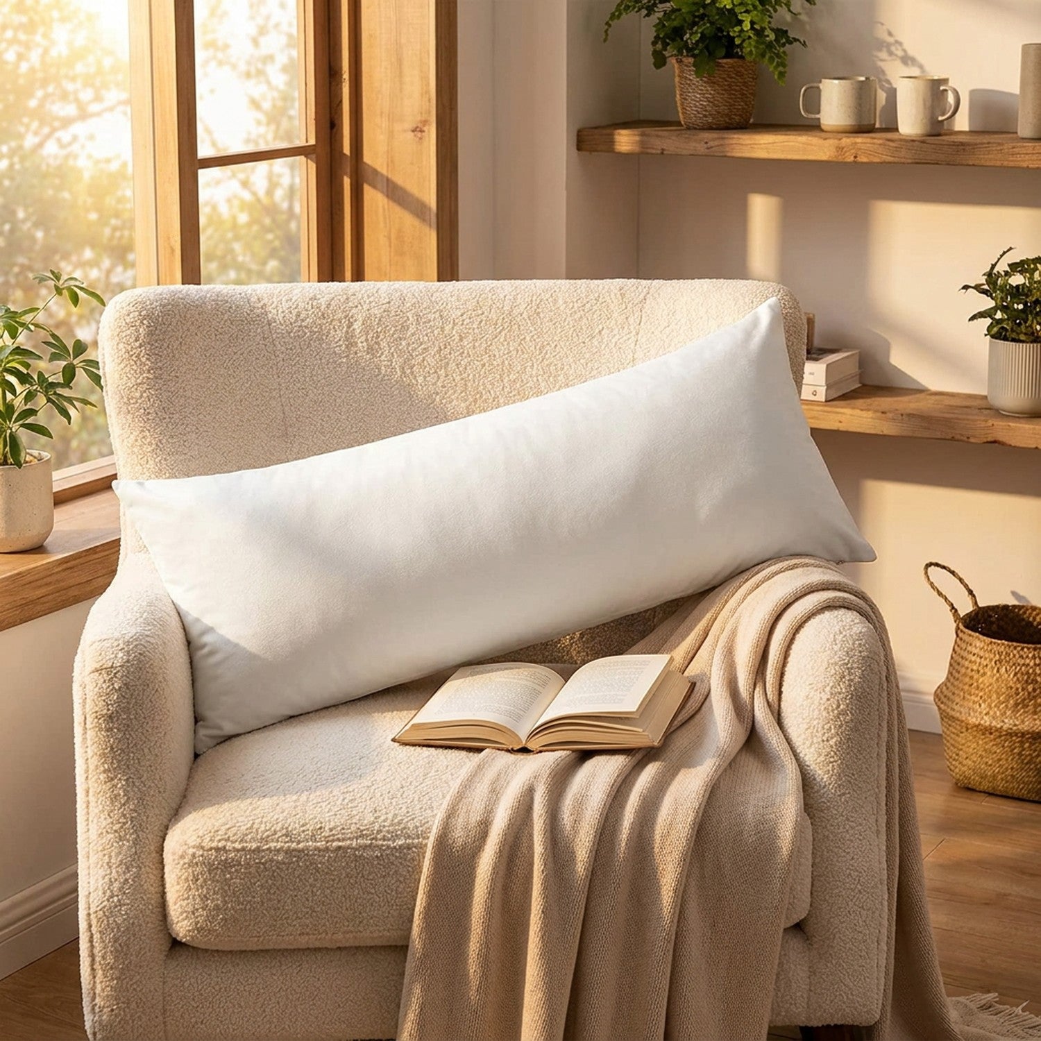 Housse de coussin en velours blanc dans un coin lecture cosy pres d'une fenetre