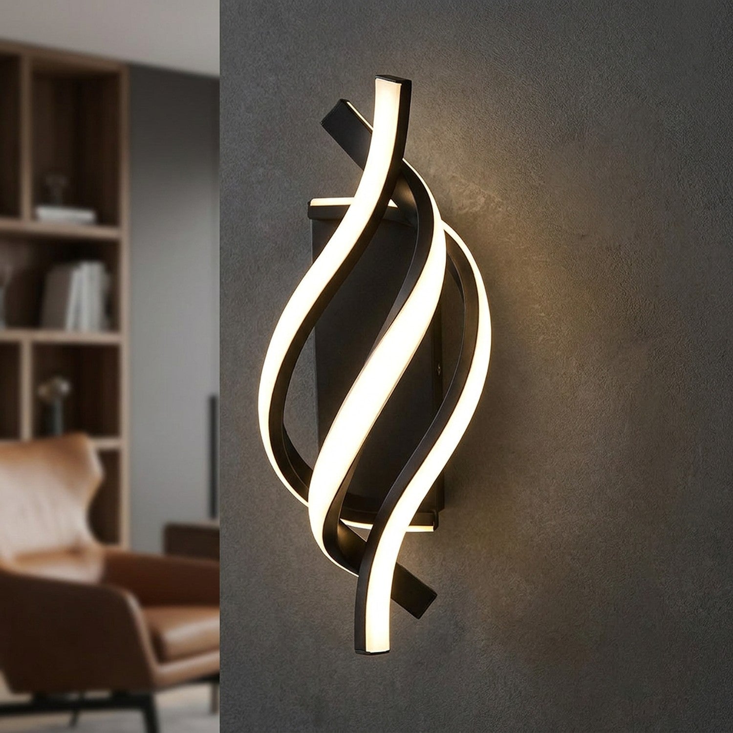 Applique murale LED spirale noire gros plan sur mur texturé