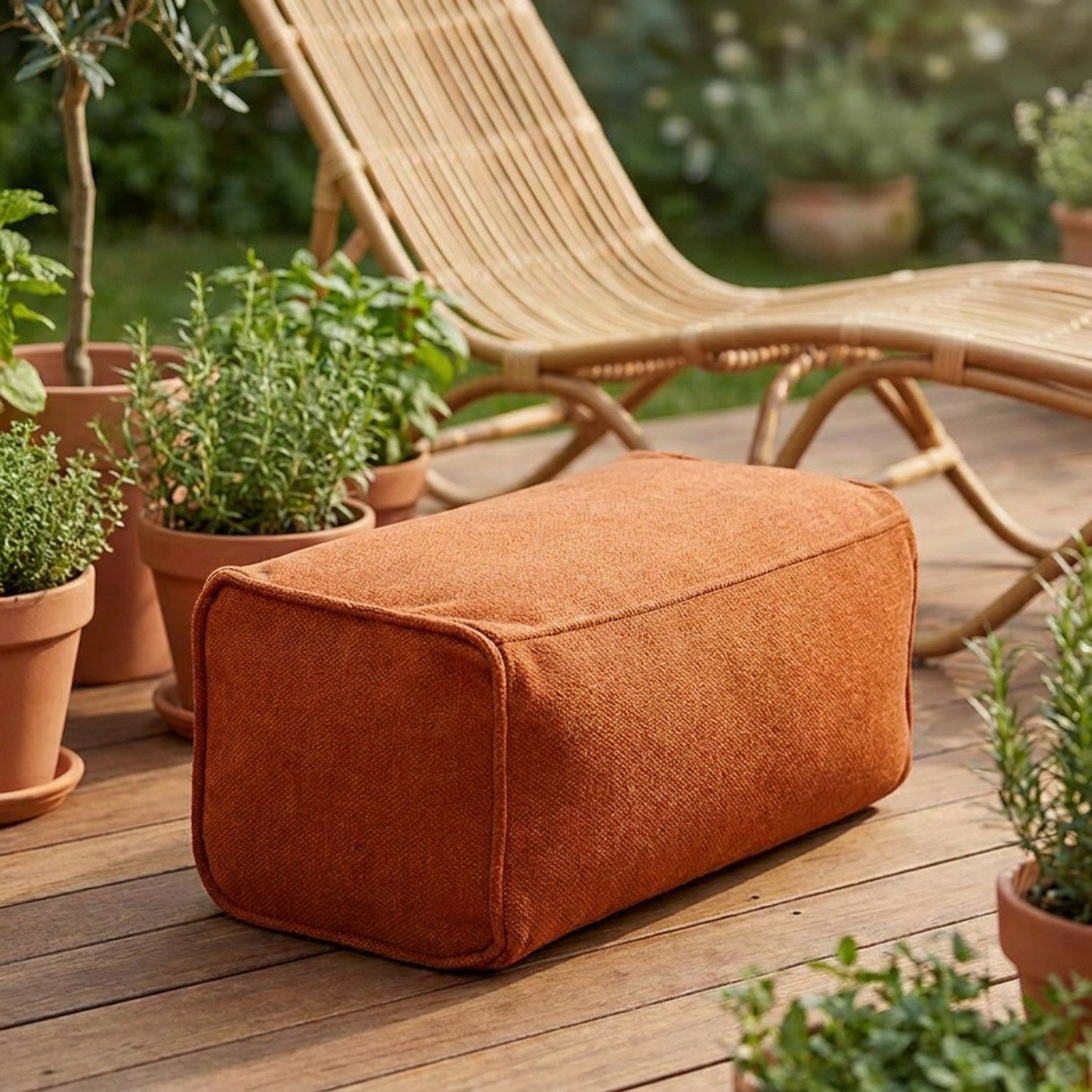 Pouf repose-pieds orange posé sur une terrasse en bois entourée de plantes
