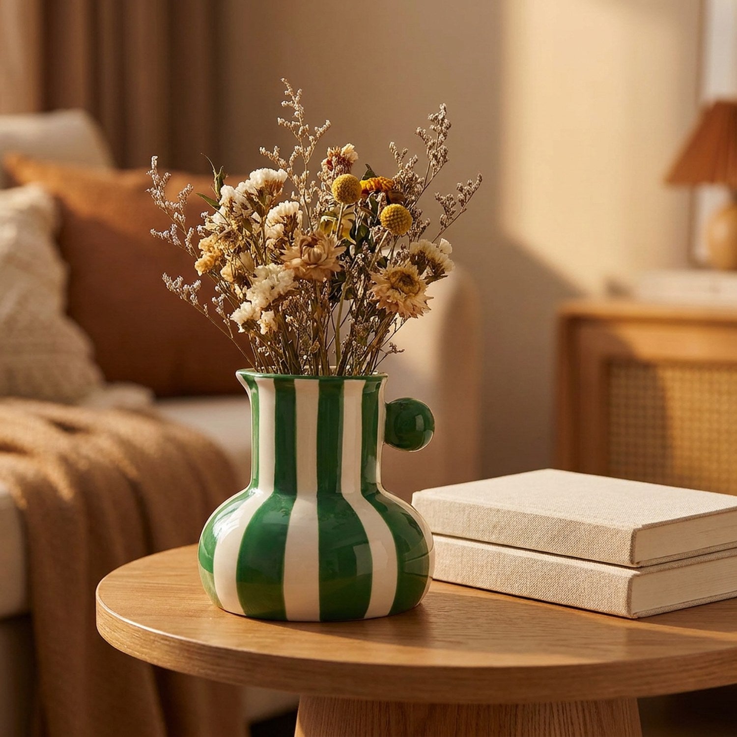 Vase rayé vert sur une table d appoint avec un bouquet de fleurs séchées à la lumière dorée