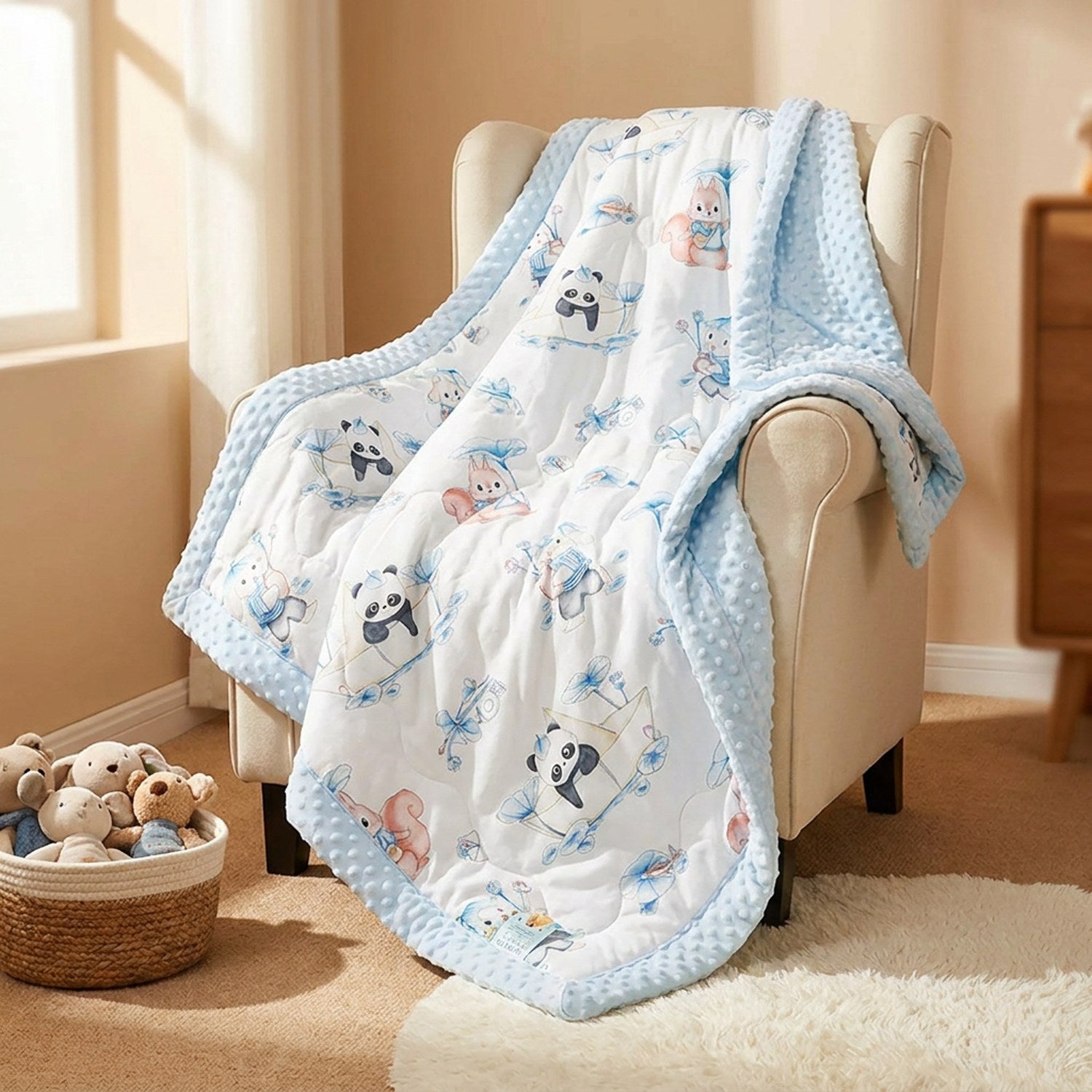 Couverture enfant drapée sur un fauteuil dans un coin nursery chaleureux