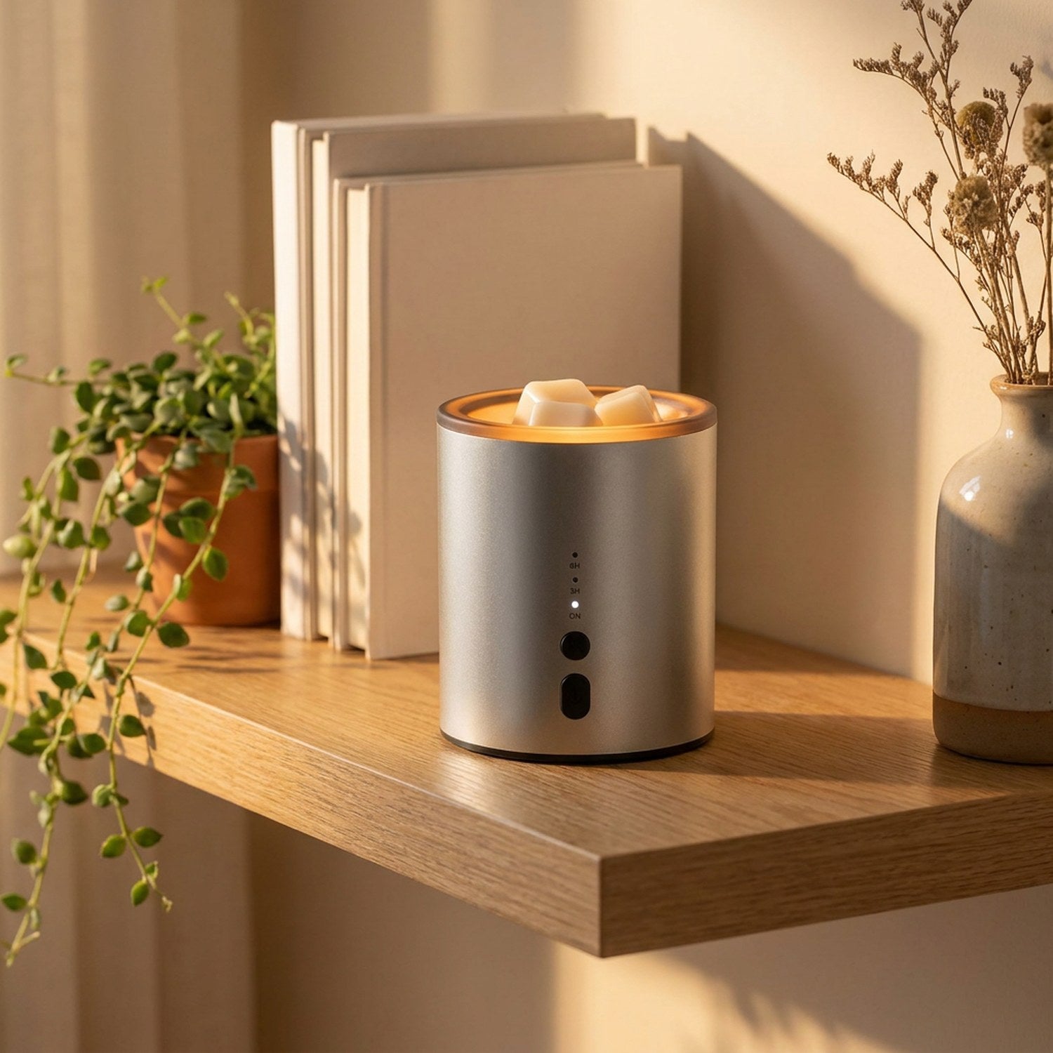 Brûle-parfum électrique argenté sur une étagère en bois avec plante et livres