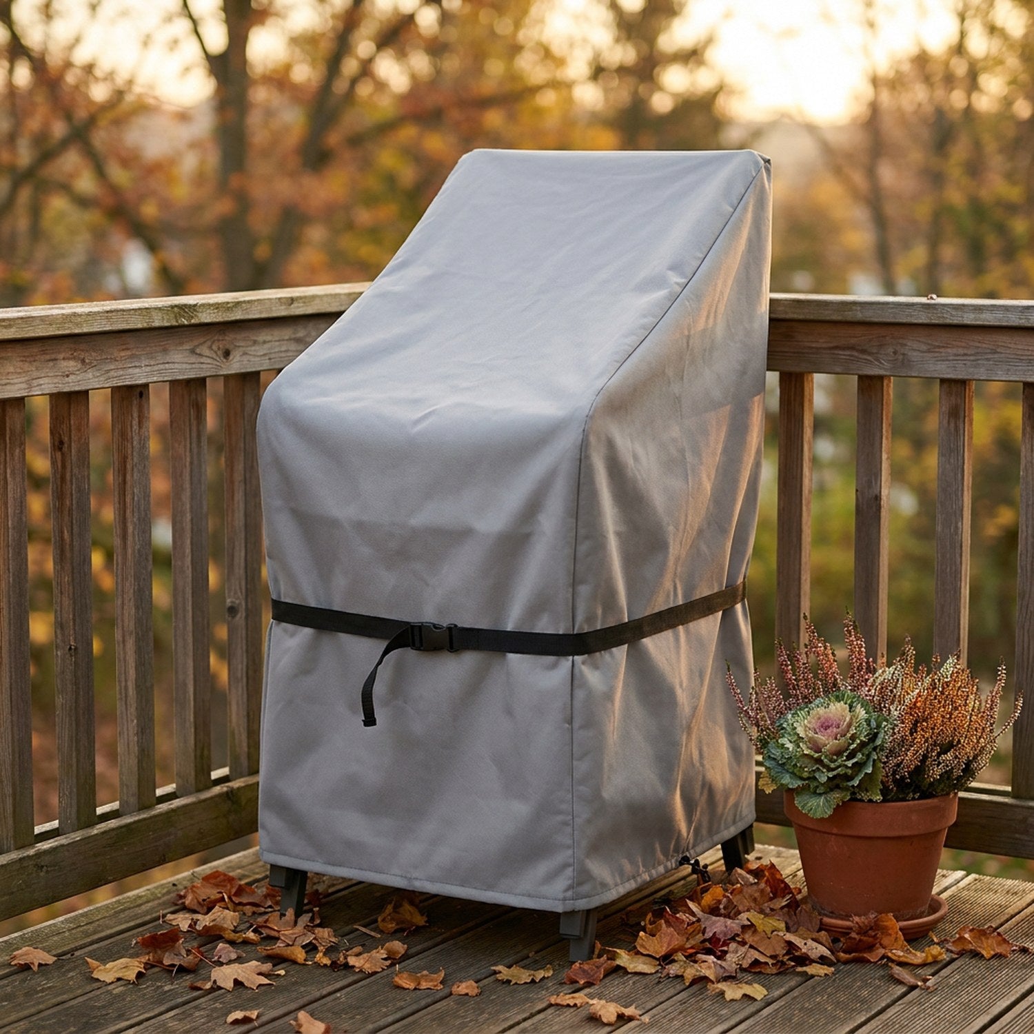 Housse de protection grise pour chaises de jardin sur un balcon en automne