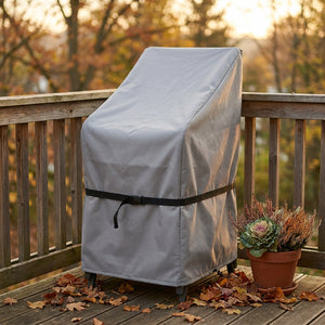 Housse de protection grise pour chaises de jardin sur un balcon en automne