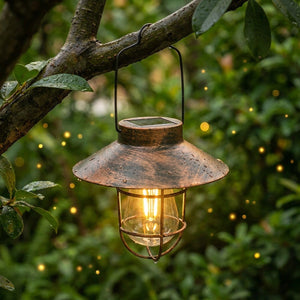 Lanterne solaire bronze allumée suspendue à une branche dans un jardin après la pluie